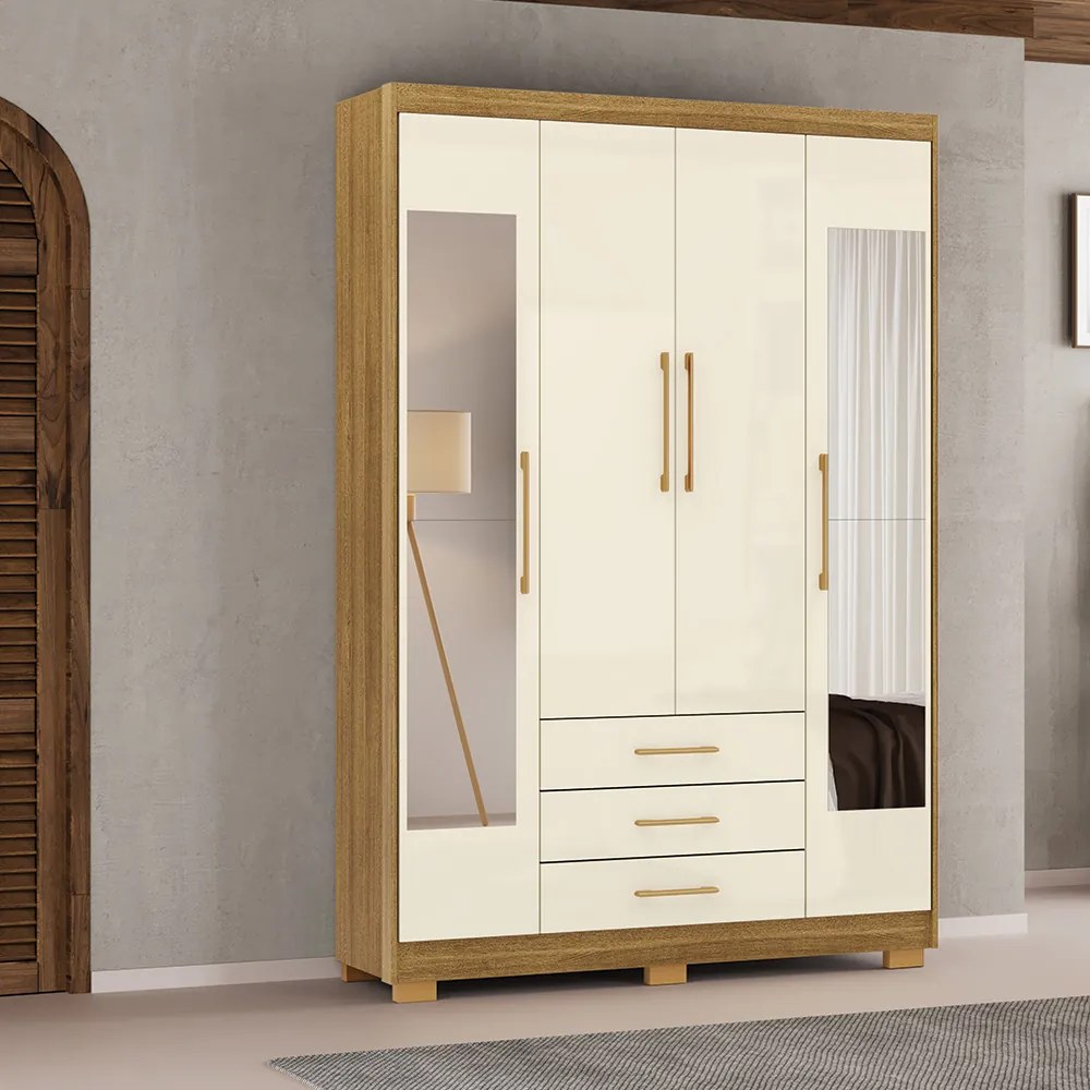 Guarda Roupa Solteiro Linna 150cm 4 Portas de Bater 2 com Espelhos 3 Gavetas Nature/OffWhite G98 - Gran Belo