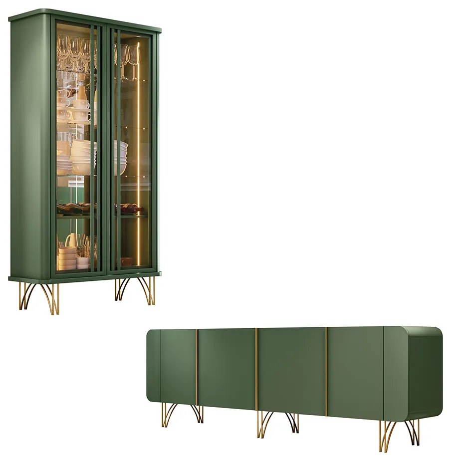Conjunto Cristaleira Buffet com LED Portas de Vidro Pés Aço Maciço Cor Dourado Texas/Virginia Verde Pistache G26 - Gran Belo