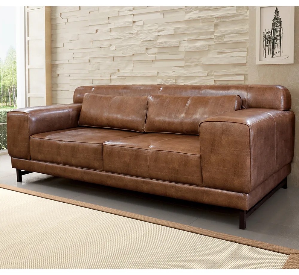 Sofá Malta 03 Lugares Couro Softline Mel B201 220 cm Pés Metálicos S03 - D'Rossi