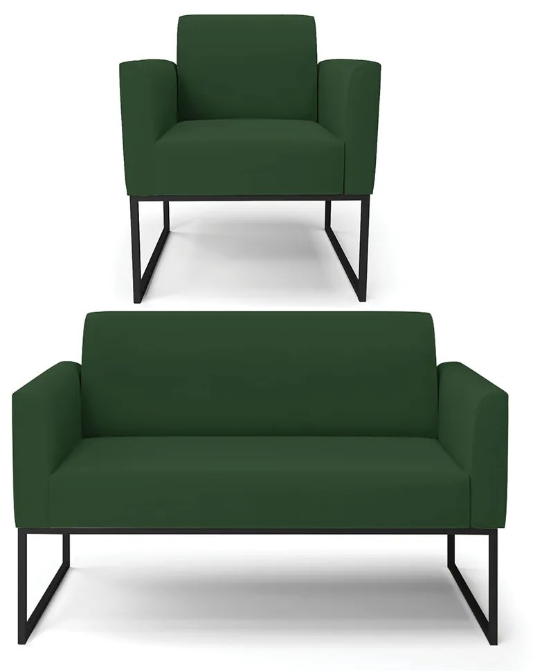 Sofá Namoradeira com Poltrona Base Industrial Preto Marisa Veludo D03 - DRossi - Verde