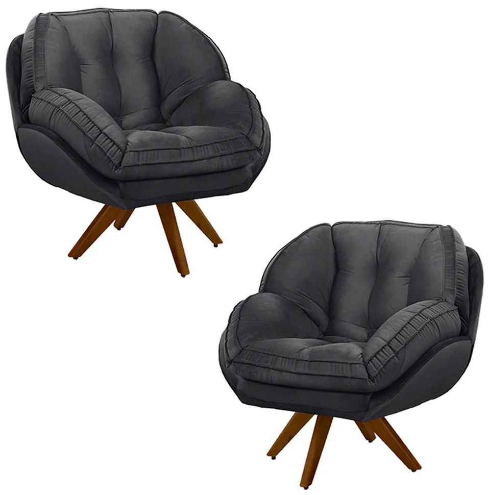 Kit 2 Poltronas Decorativas Base em Madeira Giratória Giroud Veludo Cinza Chumbo G33 - Gran Belo