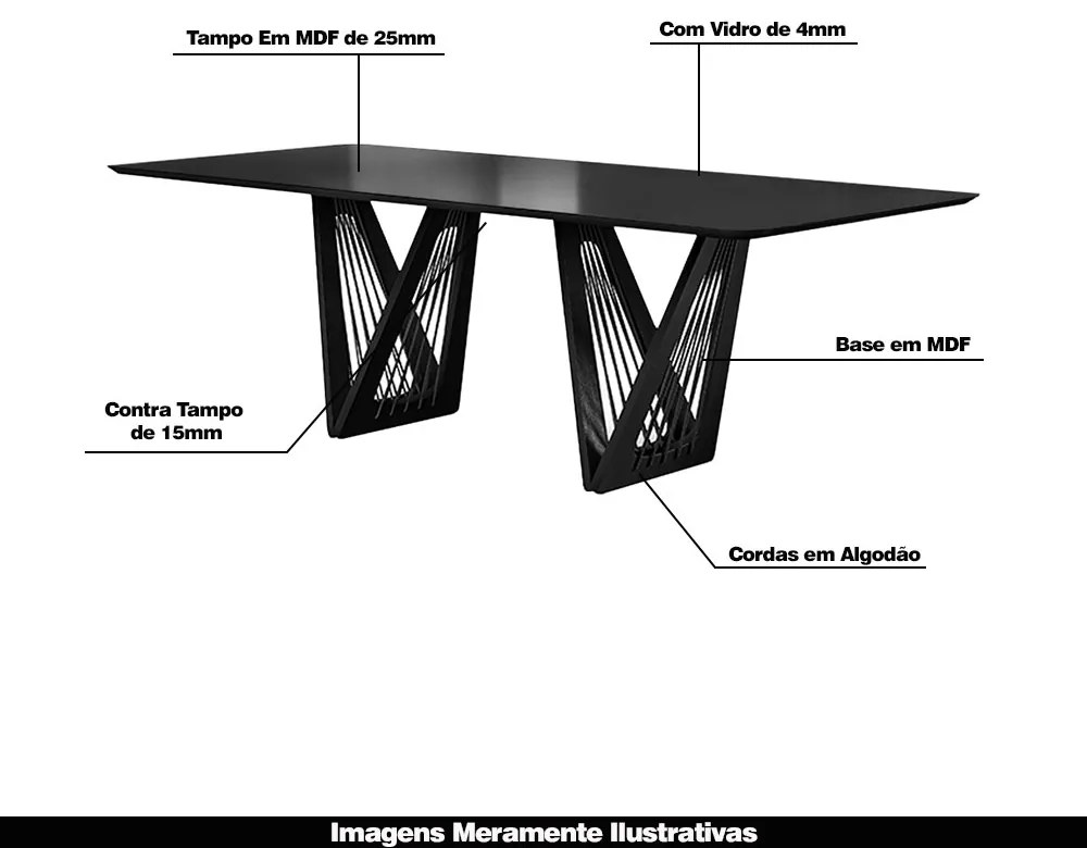 Mesa Sala de Jantar 8 Lugares 250cm Tampo de Vidro Giaguaro Preto/Ébano G13 - Gran Belo