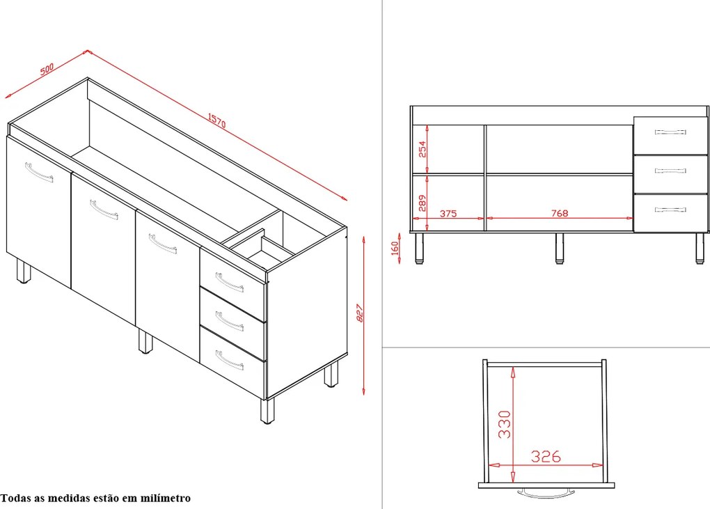 Balcão Cravo 3 Portas 3 Gavetas Cozinha MB1 160cm