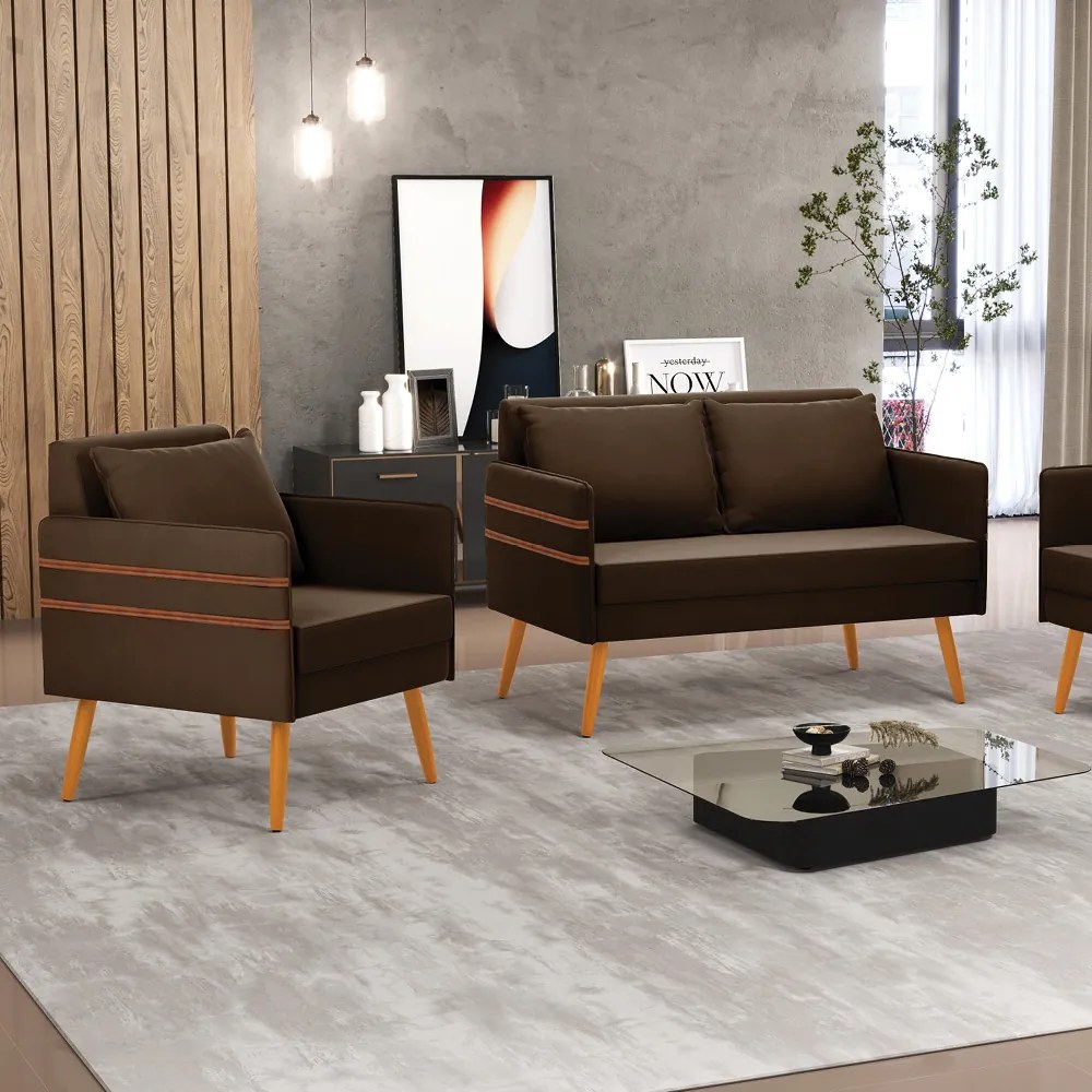 Kit 1 Namoradeira 02 Lugares e 1 Poltrona Mari Suede Marrom Pés Palito Castanho - D'Rossi