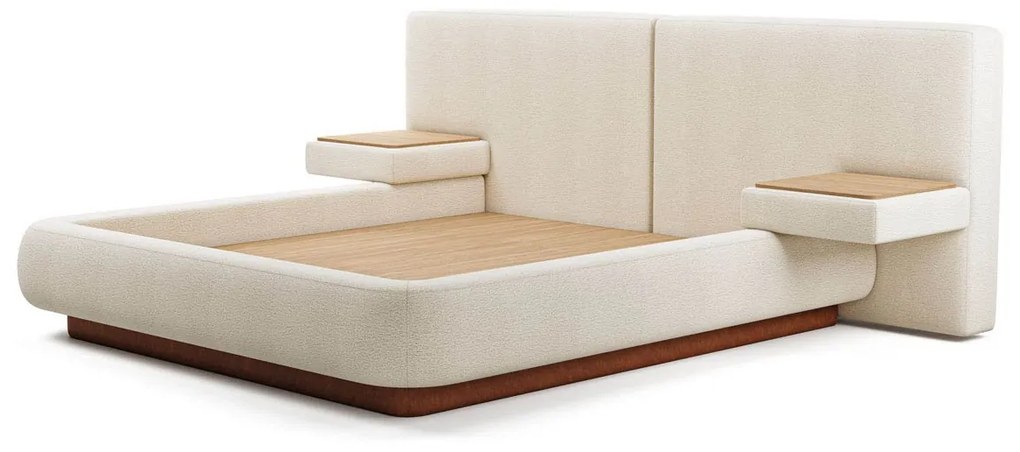 Cama Hala Estofada com Mesas de Apoio Tampo Madeira Estrutura Madeira Eucalipto Reflorestada