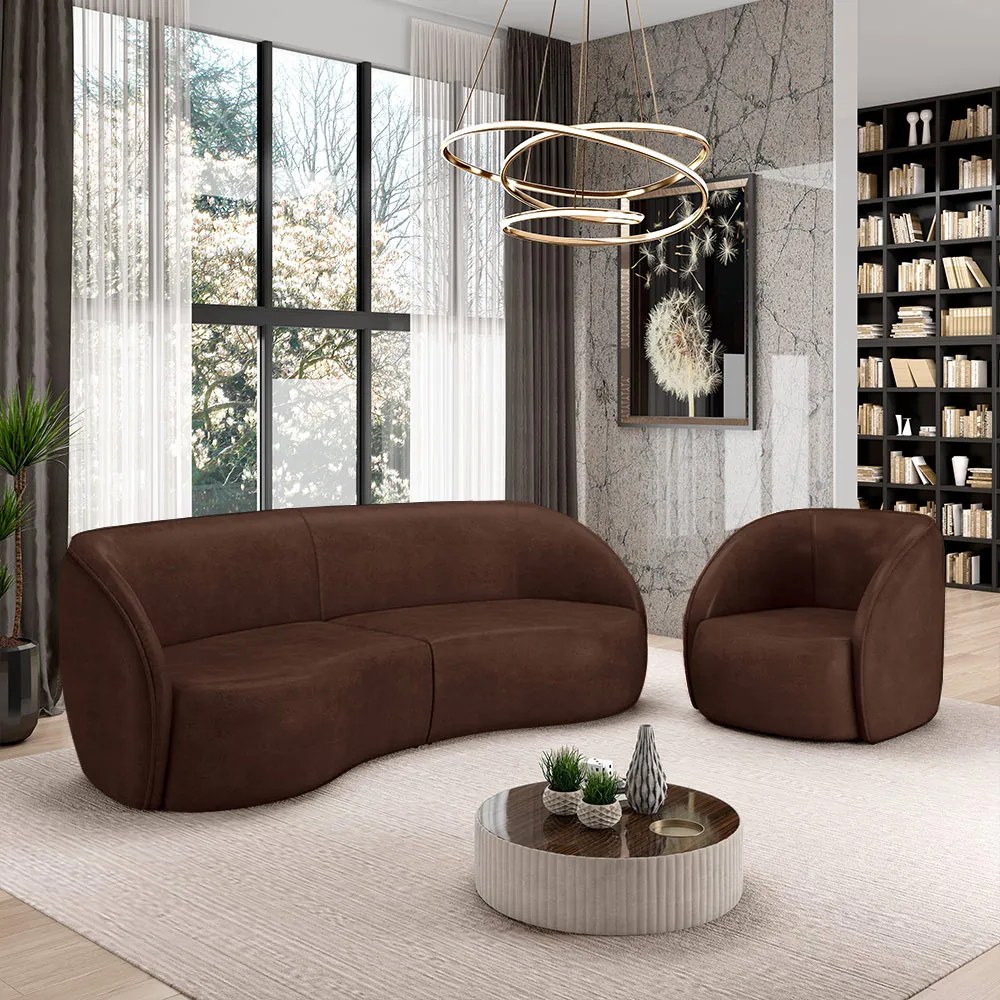 Conjunto Sofá Sala de Estar Bipartido 240cm e Poltrona Clarke PU Marrom Manchado G45 - Gran Belo