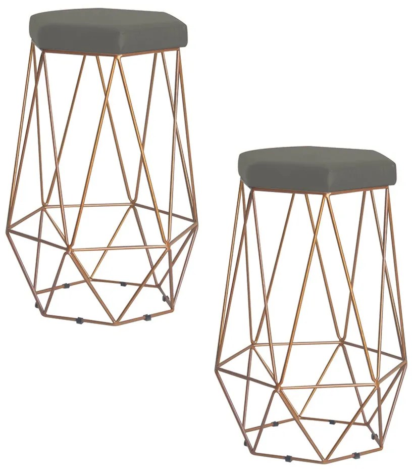 Kit 2 Banqueta Decorativa Rubel Base Gold Suede Cinza G41 - Gran Belo