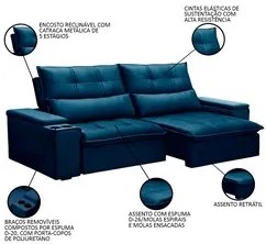 Sofá Retrátil Reclinável 3 Lugares 230cm Moritz F05 Veludo Azul - Mpoz
