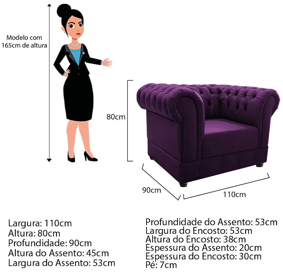 Kit Poltrona e Namoradeira Chesterfield Ana Suede Roxo - ADJ Decor
