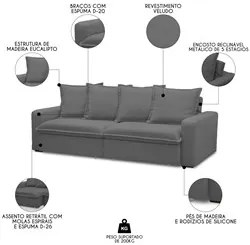 Sofá Retrátil Reclinável 3 Lugares 195cm Roma F05 Veludo Grafite - Mpo