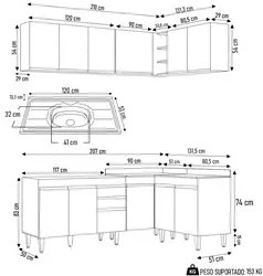 Armário de Cozinha Modulado de Canto 6 Peças CP30 com Pia Inox Castanh