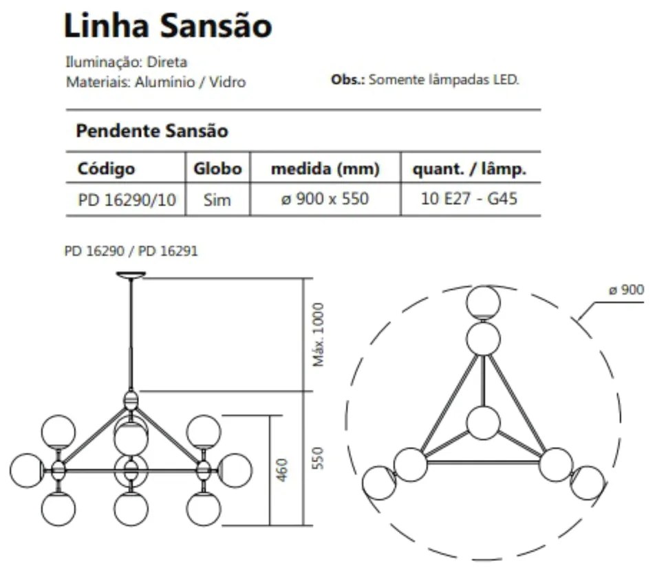 Pendente Sansão Ø90X55X155 C/ 10 Globos 10Xe27 G45 / Metal E Globo Ø14... (BT - Branco Texturizado, FOSCO)