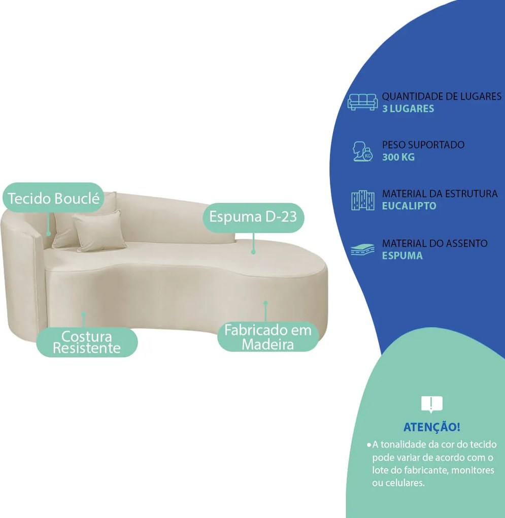 Kit Recamier Curvo Sala de Estar Inglaterra 200cm Lado Direito e Poltrona Orgânica Luxo Amore Bouclé