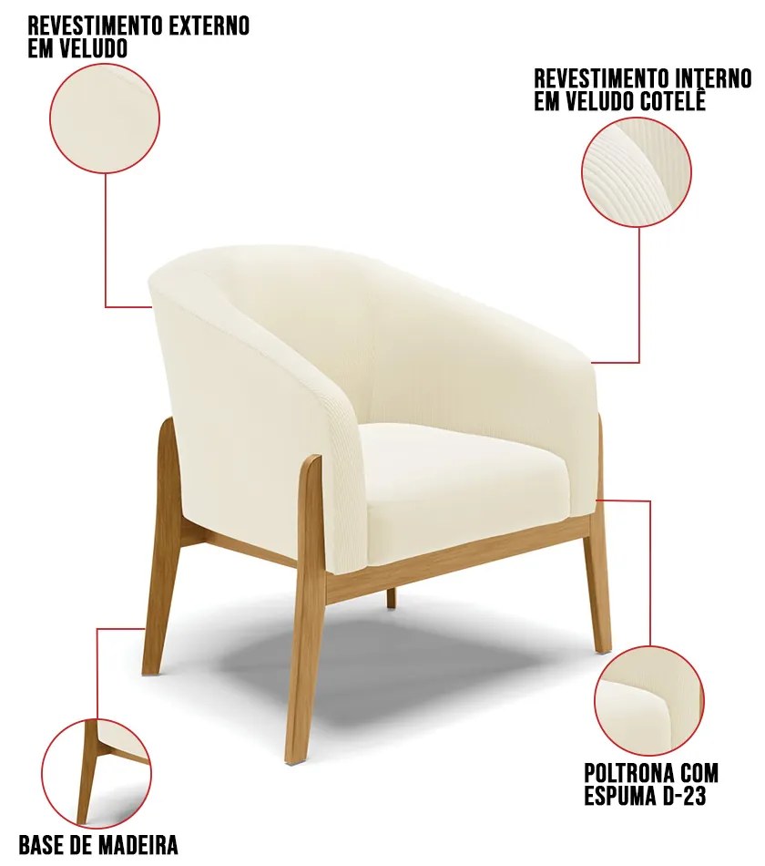 Poltrona Decorativa Base Madeira Stella Cotelê Int/Veludo D03 - D'Rossi - Off White