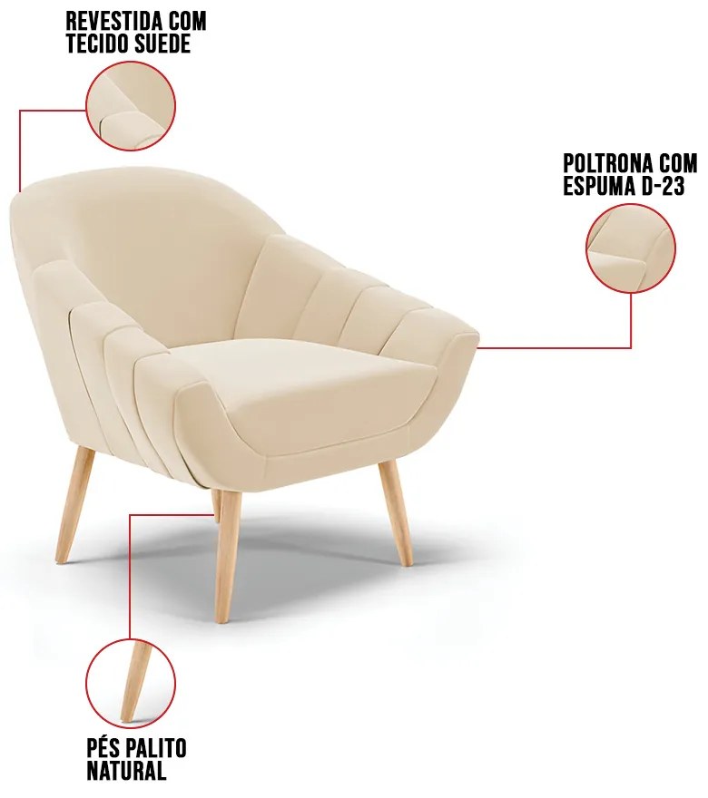 Poltrona Giovana Suede Pés Palito Natural D03 - D'Rossi - Bege