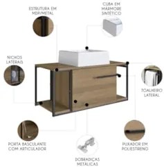 Gabinete Banheiro Suspenso 80cm Cuba Quadrada Ripy Mel/Branco Z54 - Mp