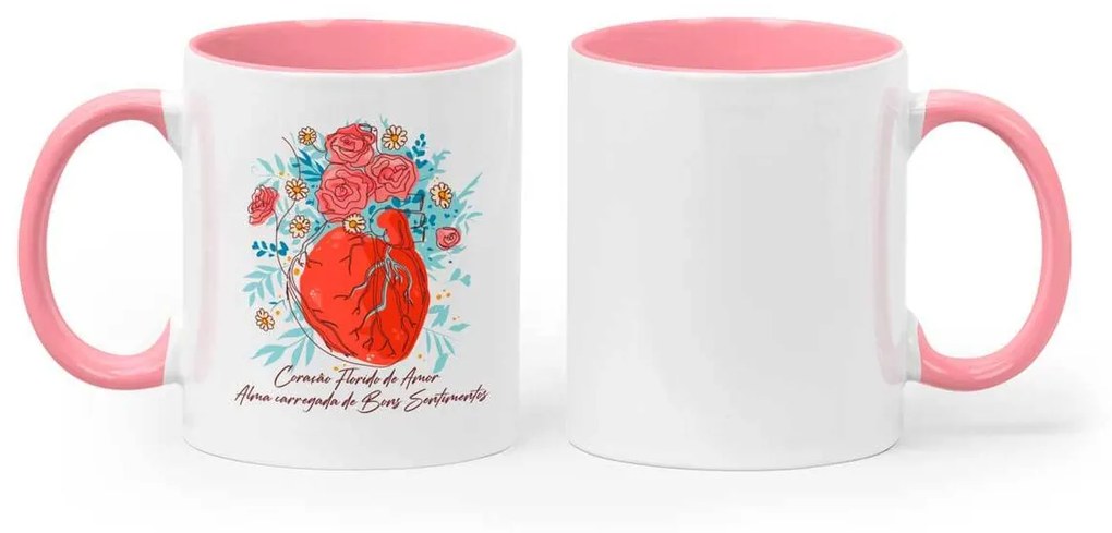 Caneca Branca Interior Rosa Coração Florido Do Amor