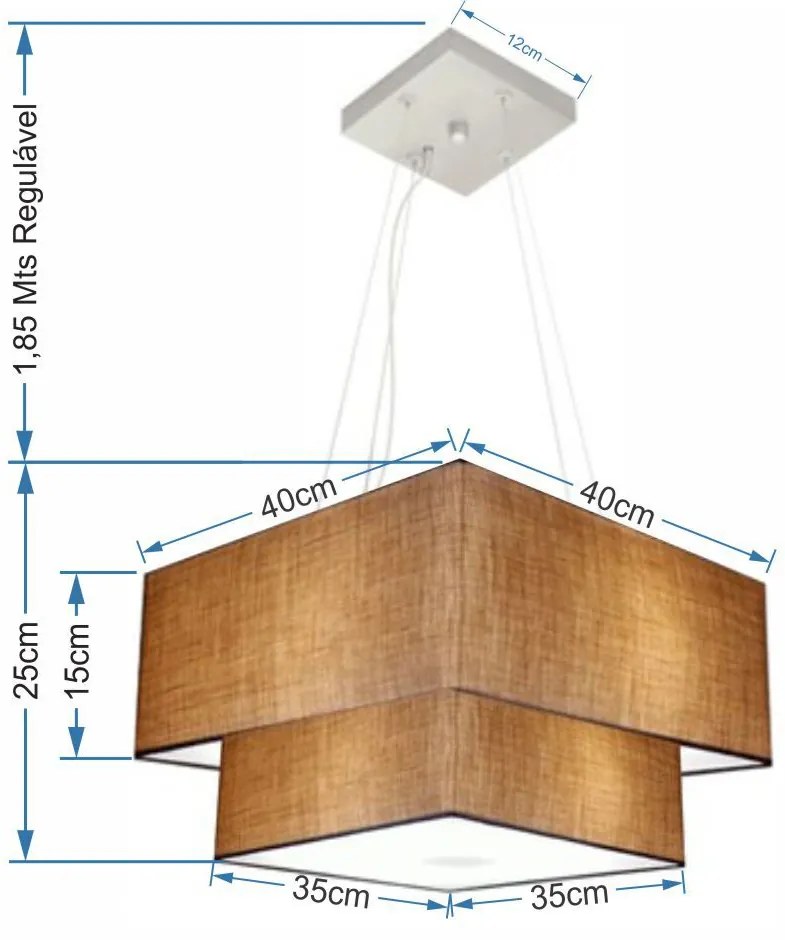 Lustre Pendente Duplo Quadrado Vivare Md-4157 Cúpula em Tecido 40x35cm Palha - Bivolt