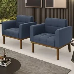 Poltrona Base Madeira Castanho Kit 2 Ana Suede Azul Marinho - Ibiza