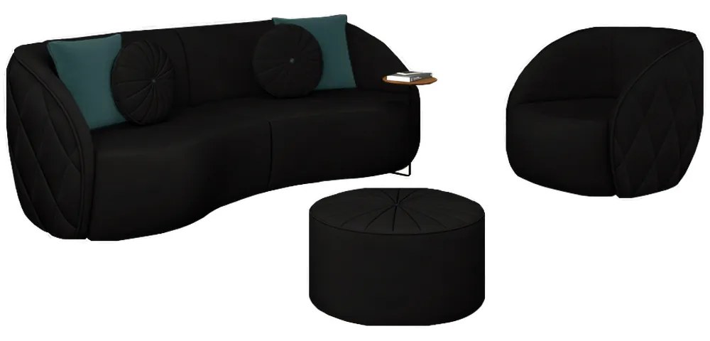 Conjunto Decorativo Sofá 288cm e Poltrona Clarke com Puff Round Veludo Preto G45 - Gran Belo