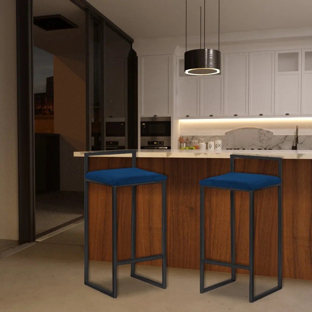 Banqueta Decorativa Selena Base Preta Veludo Azul G41 - Gran Belo