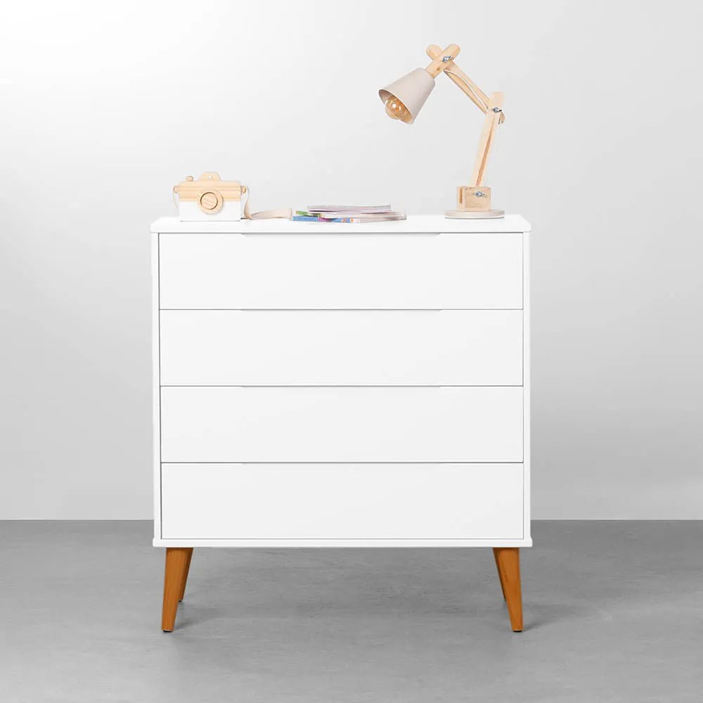 Cômoda Elfe 4 Gavetas com Pés Retrô Mel – Branco Fosco