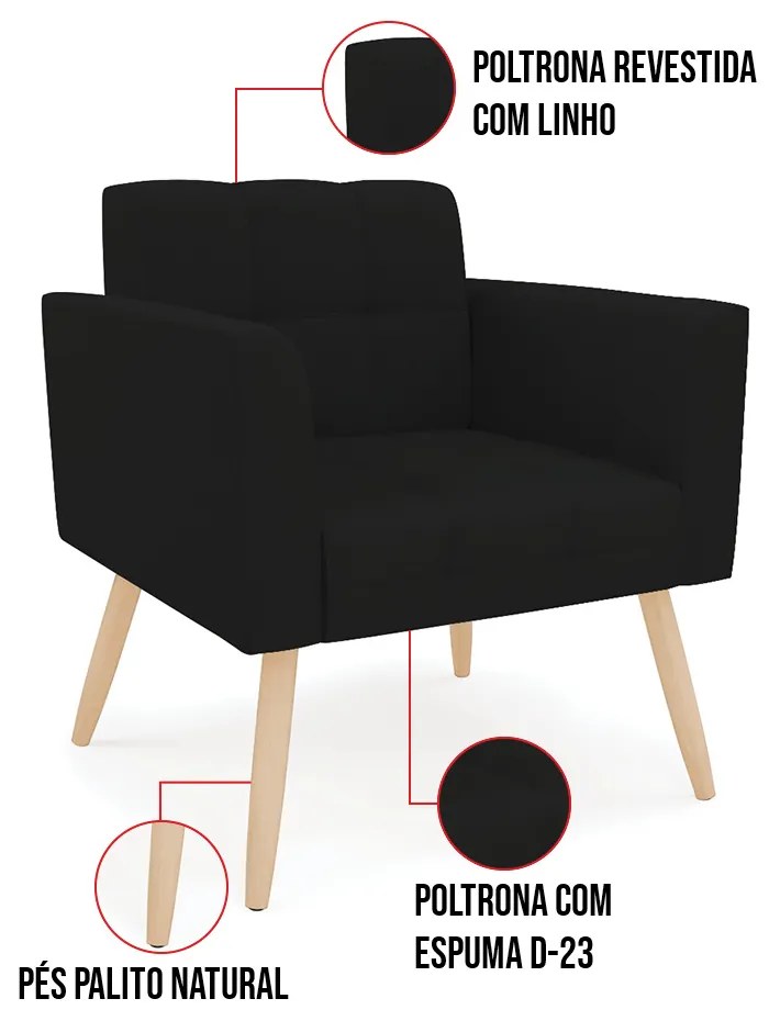 Kit 1 Sofá Namoradeira e 2 Poltronas Elisa Linho Pés Palito Natural D03 - D'Rossi - A79 Preto