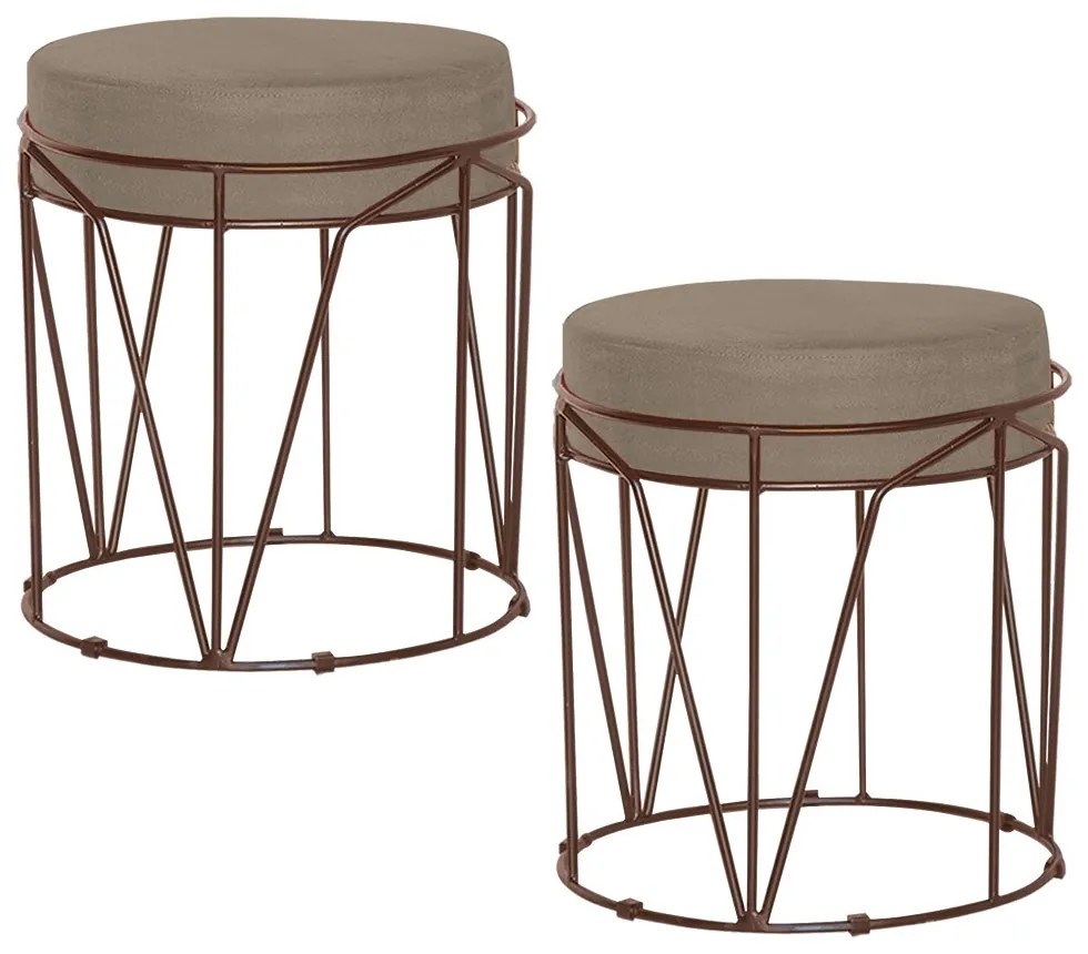 Kit 2 Puffs Decorativo Sala de Estar Base Bronze Chloe Suede Cappuccino G41 - Gran Belo