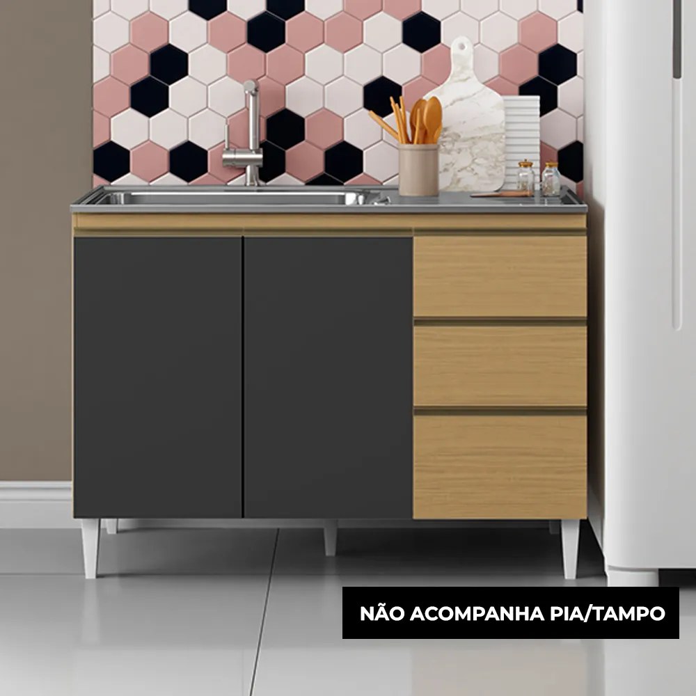 Balcão Cozinha sem Tampo 120cm para Pia Paolla Atacama/Grafite A09 - D'Rossi