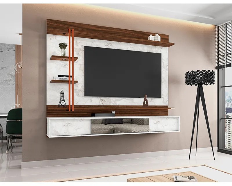 Painel de TV Home Suspenso 200cm Ágata Atenna/Imbuia - Vizzato - Branco