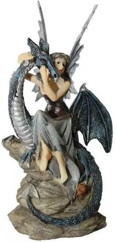 Fada Sentada na Pedra com Dragão em Resina (26cm)