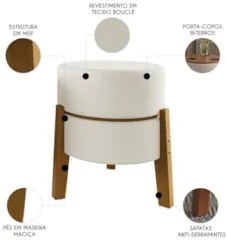 Puff Redondo Decorativos 38cm Pés Madeira Nilo Boucle Bege E05 - Mpoze