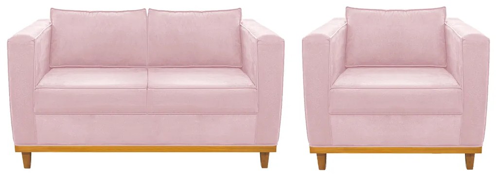 Kit Sofá 2 Lugares e Poltrona Europa Suede Rosa Bebê ADJ Decor