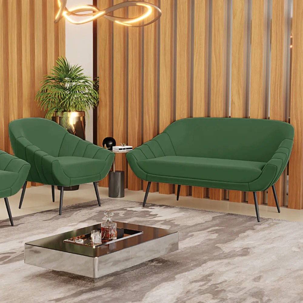 Kit 01 Namoradeira 02 Lugares e 01 Poltrona Giovana Suede Verde Pés Palito de Ferro - D'Rossi