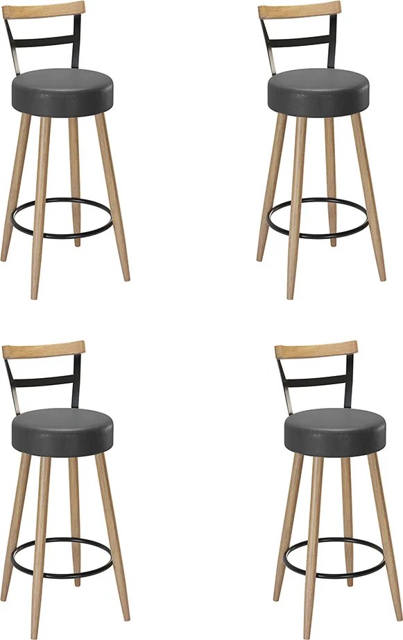 Banqueta Alta Cozinha 70cm Encosto Pé Madeira Kit 4 Kyara Pu S02 - D'Rossi - Preto