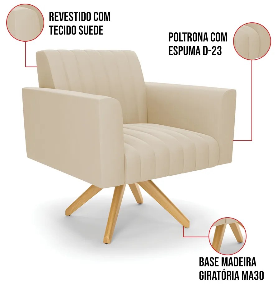 Kit 2 Poltronas Giratória Viena Gomada Suede Base de Madeira MA30 D03 - D'Rossi - Bege