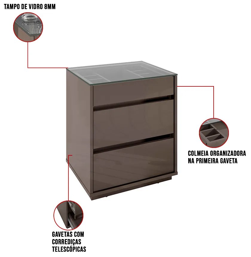 Mesa de Cabeceira Organizadora Ellie 3 Gavetas C02 - D'Rossi - Cinza Pérola