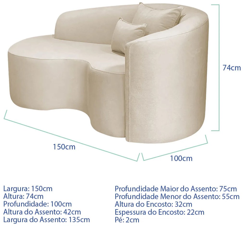 Kit Recamier Curvo Sala de Estar Inglaterra 150cm Lado Esquerdo e Poltrona Orgânica Luxo Luiza Max Bouclé