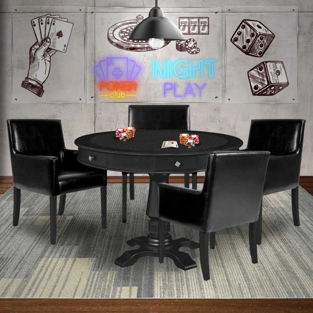 Mesa de Jogos Carteado Redonda Victoria Tampo Reversível Preto com Kit 4 Cadeiras Liverpool PU Sintético Preto Liso G36 G15 - Gran Belo