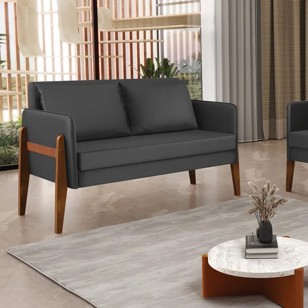 Sofá 2 Lugares Namoradeira Lana Base Madeira Sintético Preto D03 - D'Rossi