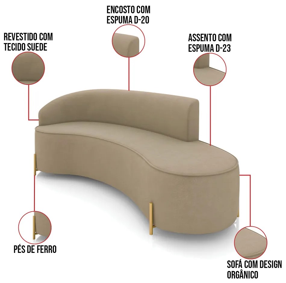 Sofá 4 Lugares Orgânico 220cm Pé Dourado Morgan Suede D03 - D'Rossi - Marrom Rato