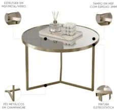 Mesa de Centro Redonda Baixa Pé Metal Thor Espelho/Champagne E05 - Mpo