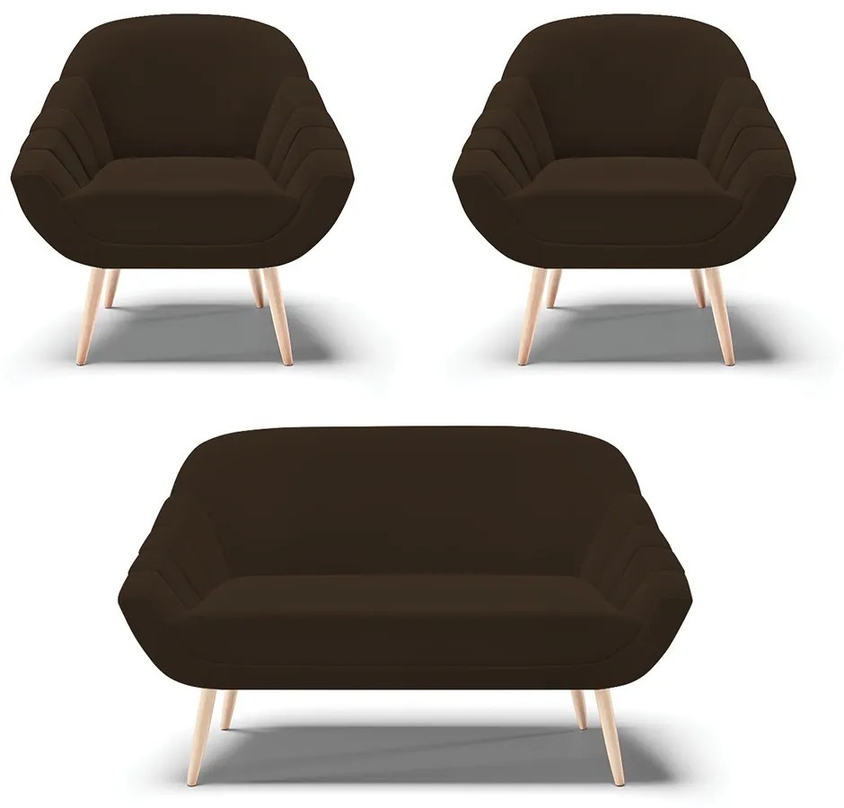 Kit 01 Namoradeira 02 Lugares e 02 Poltronas Giovana Suede Marrom Pés Palito Natural - D'Rossi