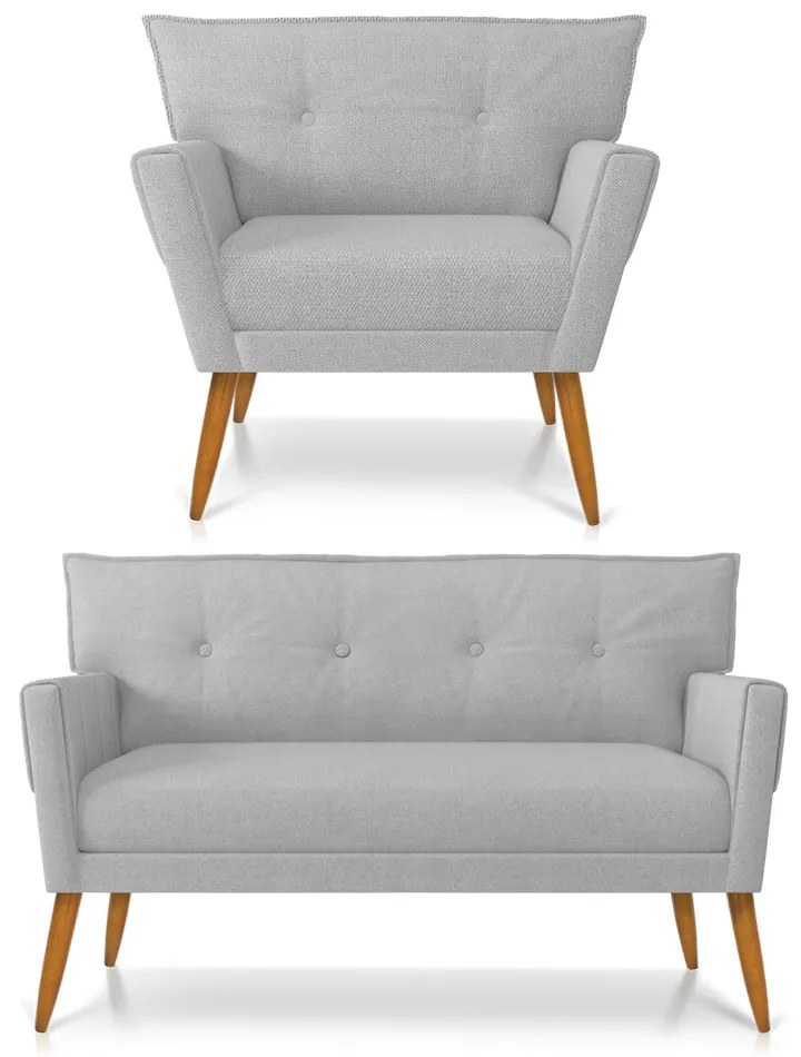 Kit 01 Namoradeira e 01 Poltrona Anitta Linho Pés Palito Castanho D03 - D'Rossi - A05 Cinza