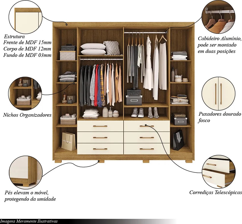 Guarda Roupa Dunas Casal 6 Portas de Bater 6 Gavetas MDF Nature/OffWhite G98 - Gran Belo