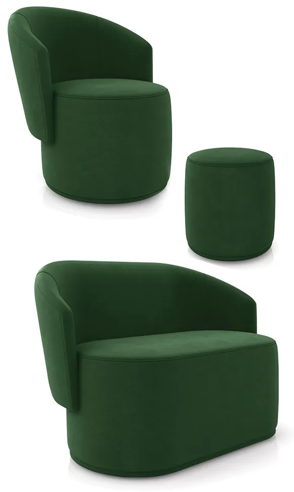 Sofá Namoradeira com Poltrona e Puff Orgânico Sala Malu Suede M11 - D'Rossi - Verde