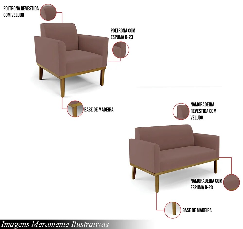 Conjunto Poltrona e Namoradeira Decorativa Isabella Pés Fixo em Madeira Castanho Veludo Rose G19 - Gran Belo