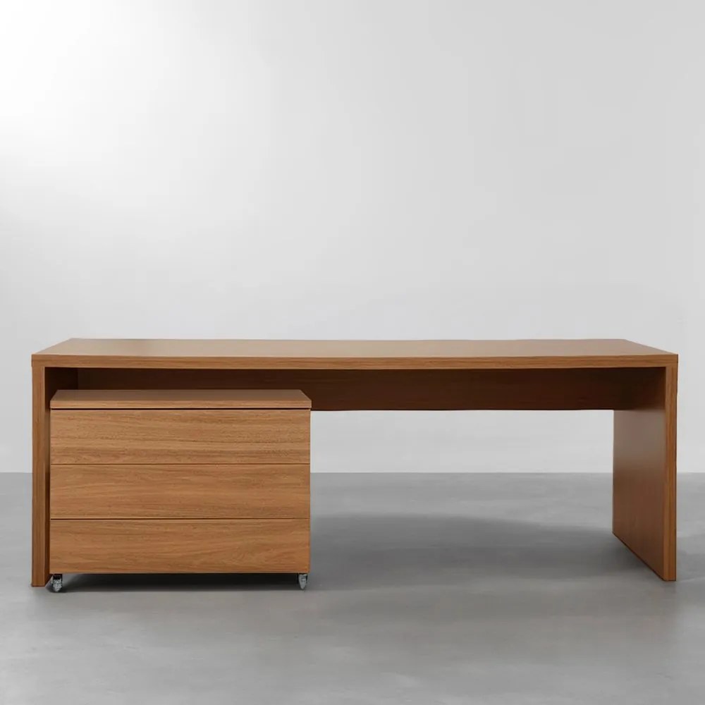 Conjunto Office - Bancada Contemporânea Louro Freijó 2,06m + Gaveteiro Contemporâneo Freijó 85cm - Conjunto Office - Bancada Contemporânea Louro Freijó 2,06m + Módulo Contemporâneo Freijó 85cm