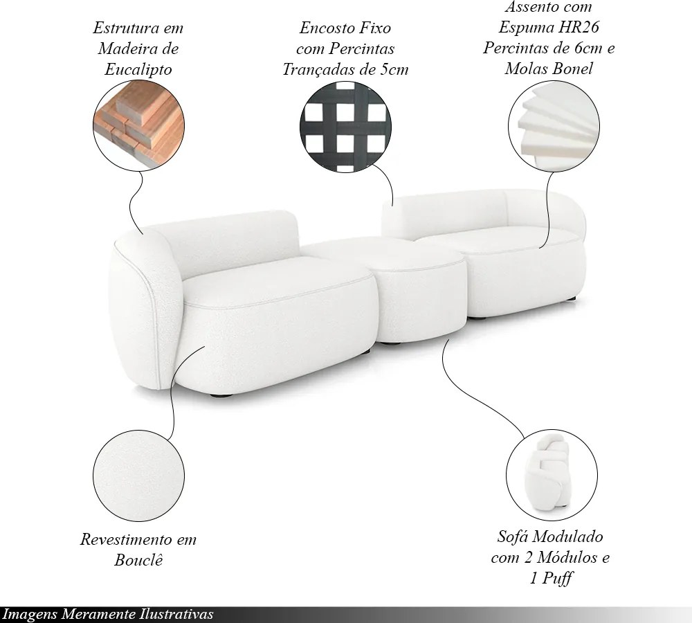 Sofá Versátil Sala de Estar Egito 322cm Modulado Bouclê Branco G52 - Gran Belo