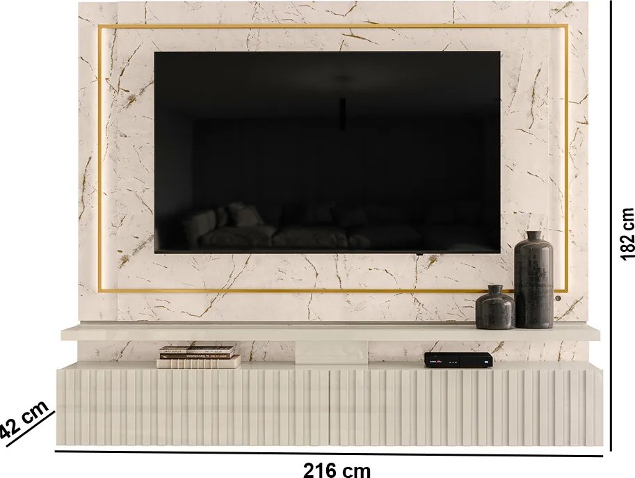Painel TV 75 Pol 216cm Bancada Suspensa Ripado Lurian Calacata/Off White M20 - D'Rossi